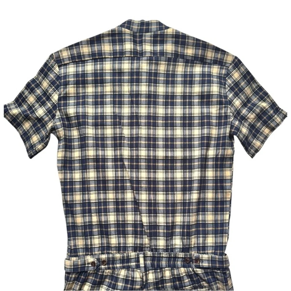 NWOT Men's ROMPERJACK short sleeved romper, jumpsuit, blue plaid flannel, size L